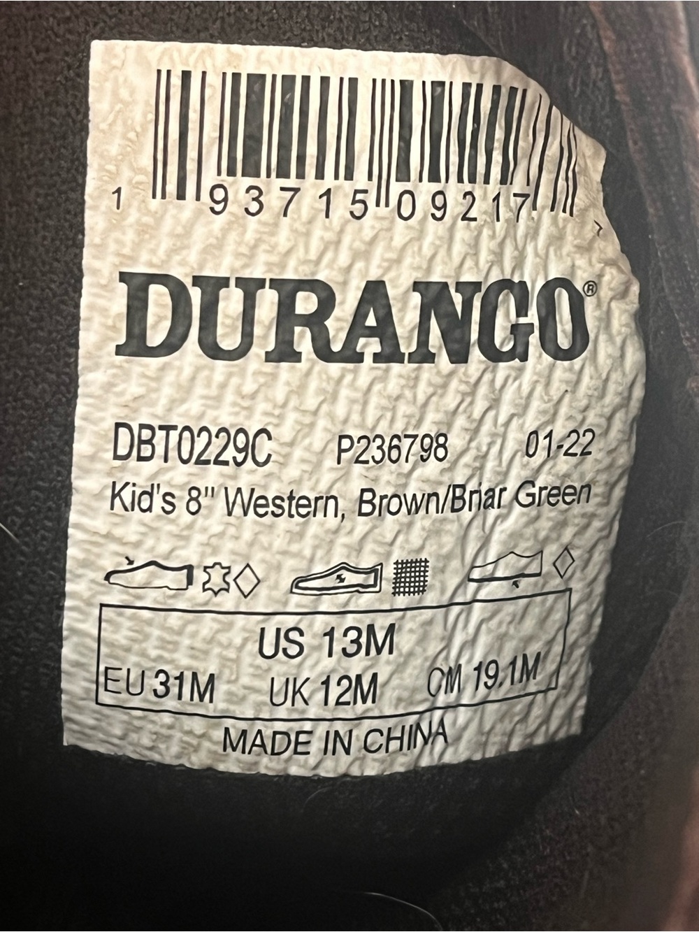 Durango Kids Western Boots Boys 13 Brown Green Leather Cowboy Rodeo Farm 8” - Picture 8 of 10
